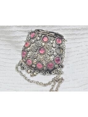 Vtg Metal Pouch Necklace Belt 30" Long Chain Pink Glass Cabochon 70s Retro Boho